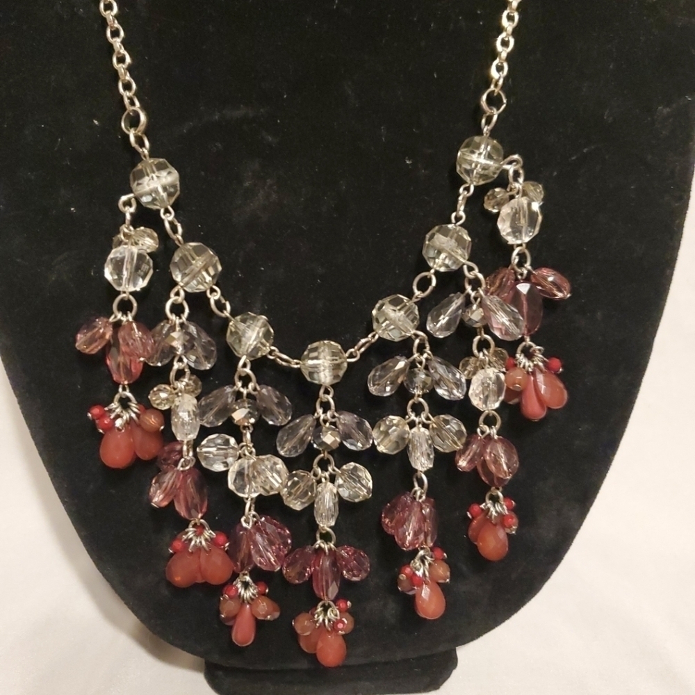 Layered Clear, Pink and Maroon Bead Necklace 20” With 2" - 3" Drop Beads - Picture 2 of 4